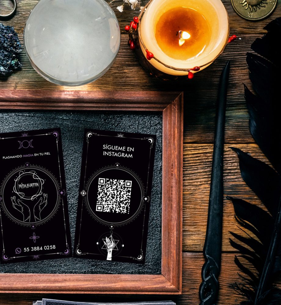 tarjetas presentacion wicca esoterismo pluma vela