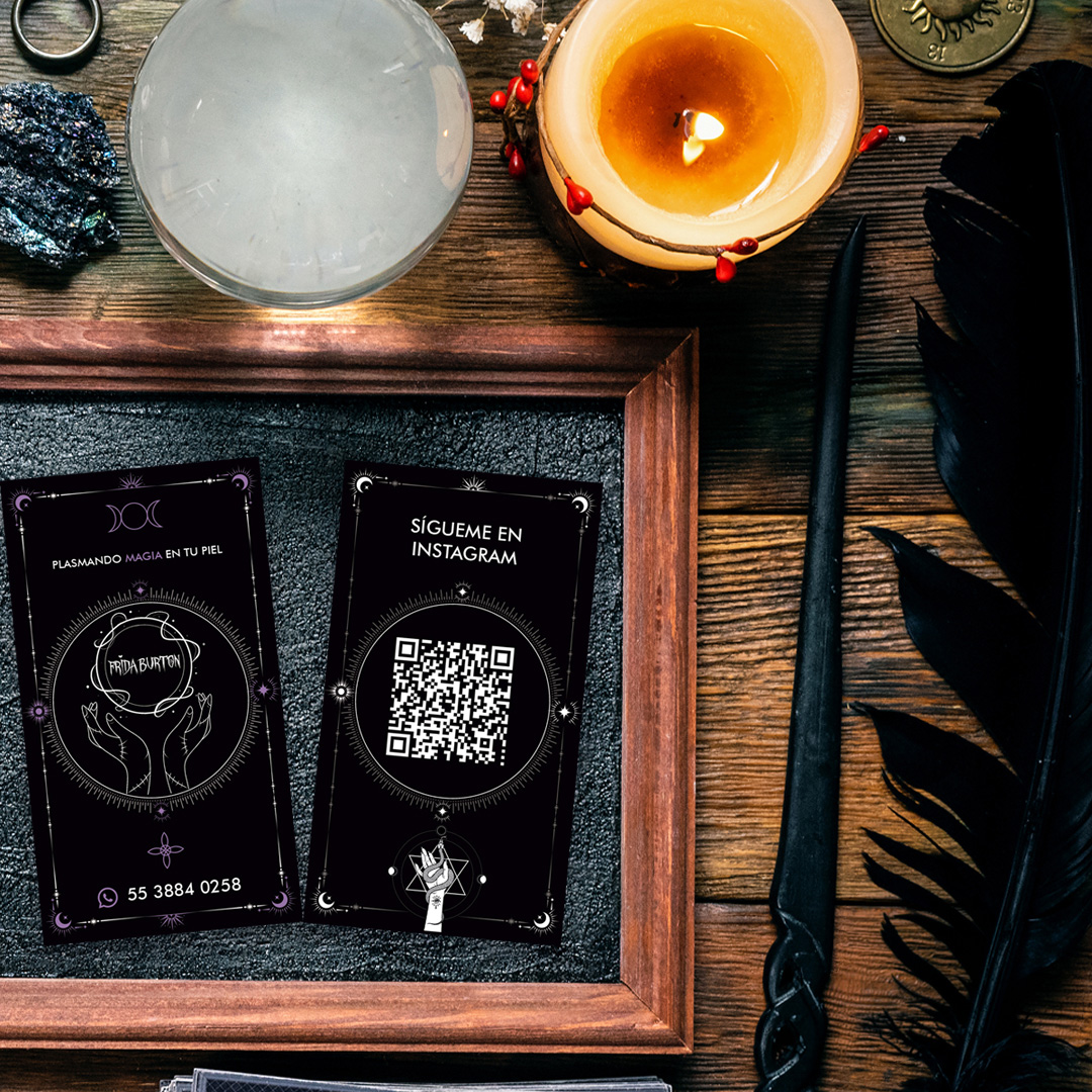 tarjetas presentacion wicca esoterismo pluma vela